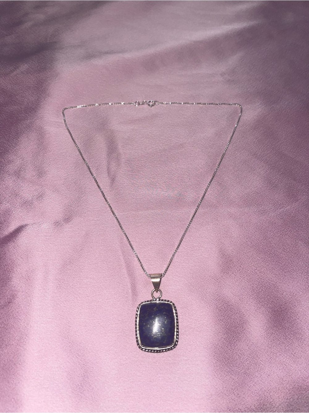 Sterling-Style Silver Necklace with Deep Blue Rectangular Pendant